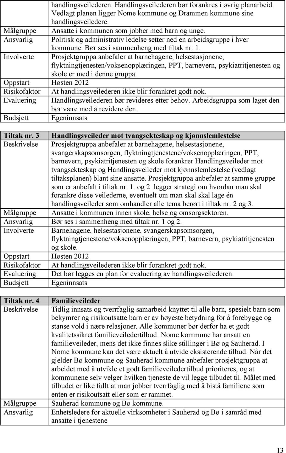 Prosjektgruppa anbefaler at barnehagene, helsestasjonene, flyktningtjenesten/voksenopplæringen, PPT, barnevern, psykiatritjenesten og skole er med i denne gruppa.