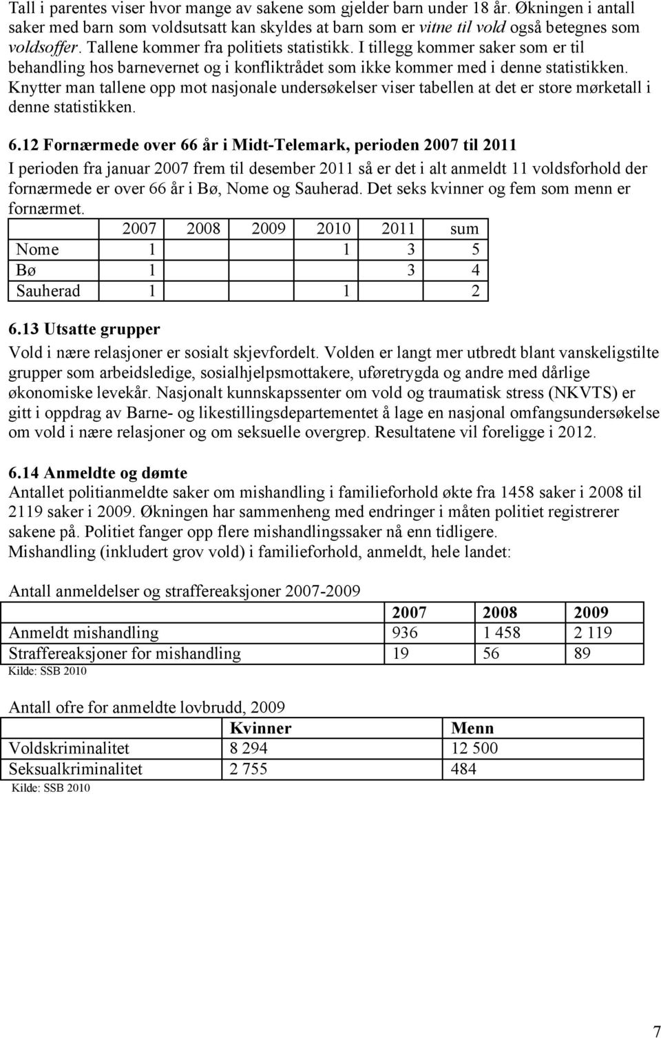 Knytter man tallene opp mot nasjonale undersøkelser viser tabellen at det er store mørketall i denne statistikken. 6.