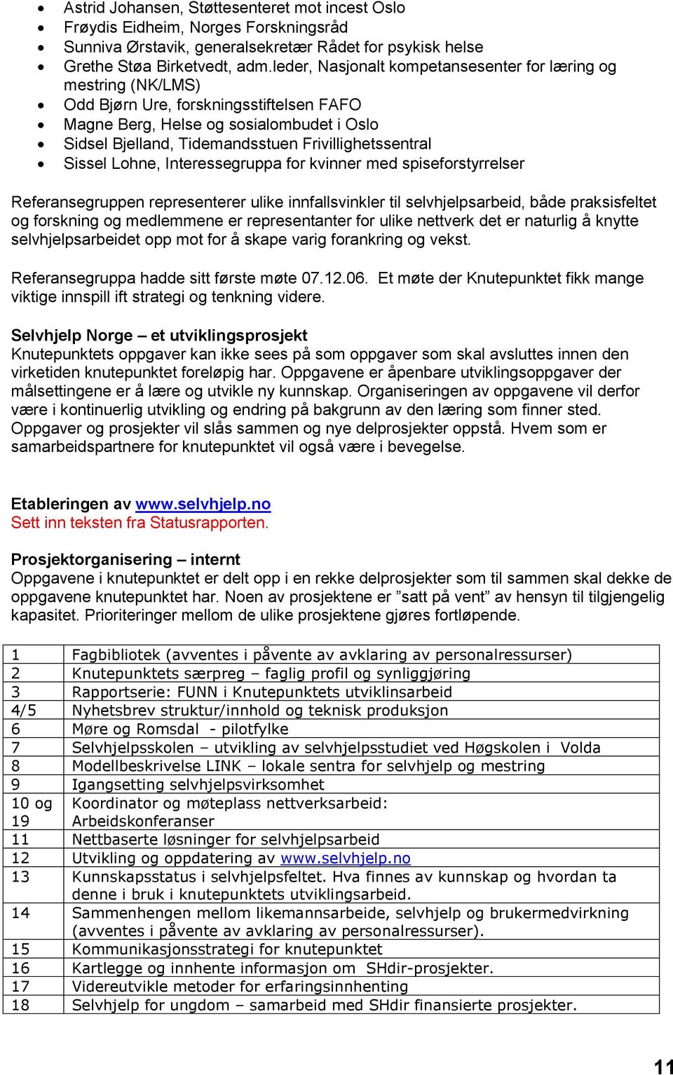 Frivillighetssentral Sissel Lohne, Interessegruppa for kvinner med spiseforstyrrelser Referansegruppen representerer ulike innfallsvinkler til selvhjelpsarbeid, både praksisfeltet og forskning og