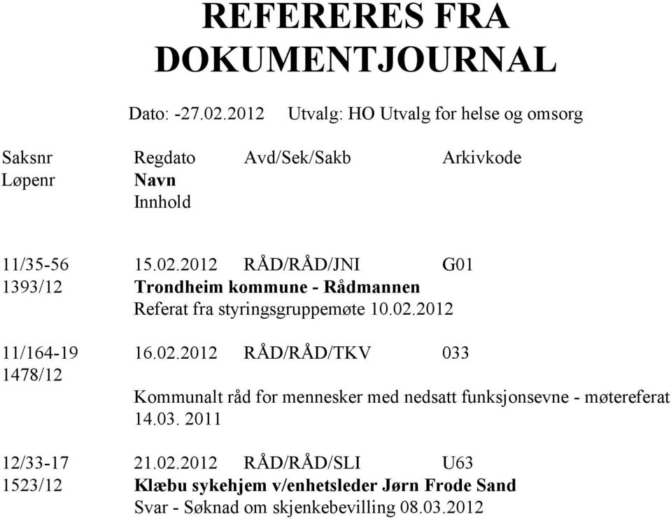 2012 RÅD/RÅD/JNI G01 1393/12 Trondheim kommune - Rådmannen Referat fra styringsgruppemøte 10.02.