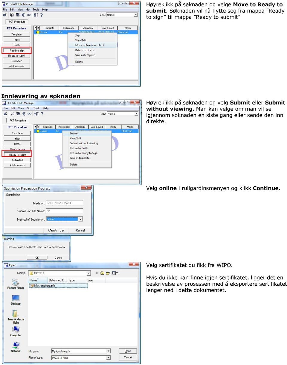 Submit eller Submit without viewing. Man kan velge om man vil se igjennom søknaden en siste gang eller sende den inn direkte.