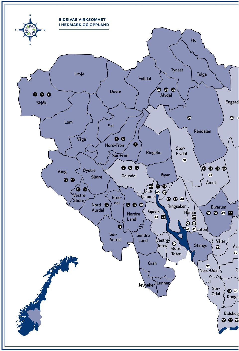 Gausdal Søndre Land Øyer 60 7 21 Lillehammer 43 54 20 22 46 17 18 19 Ringsaker Gjøvik Nordre Hamar 44 61 62 Land Vestre Toten 57 Østre Toten 55 56