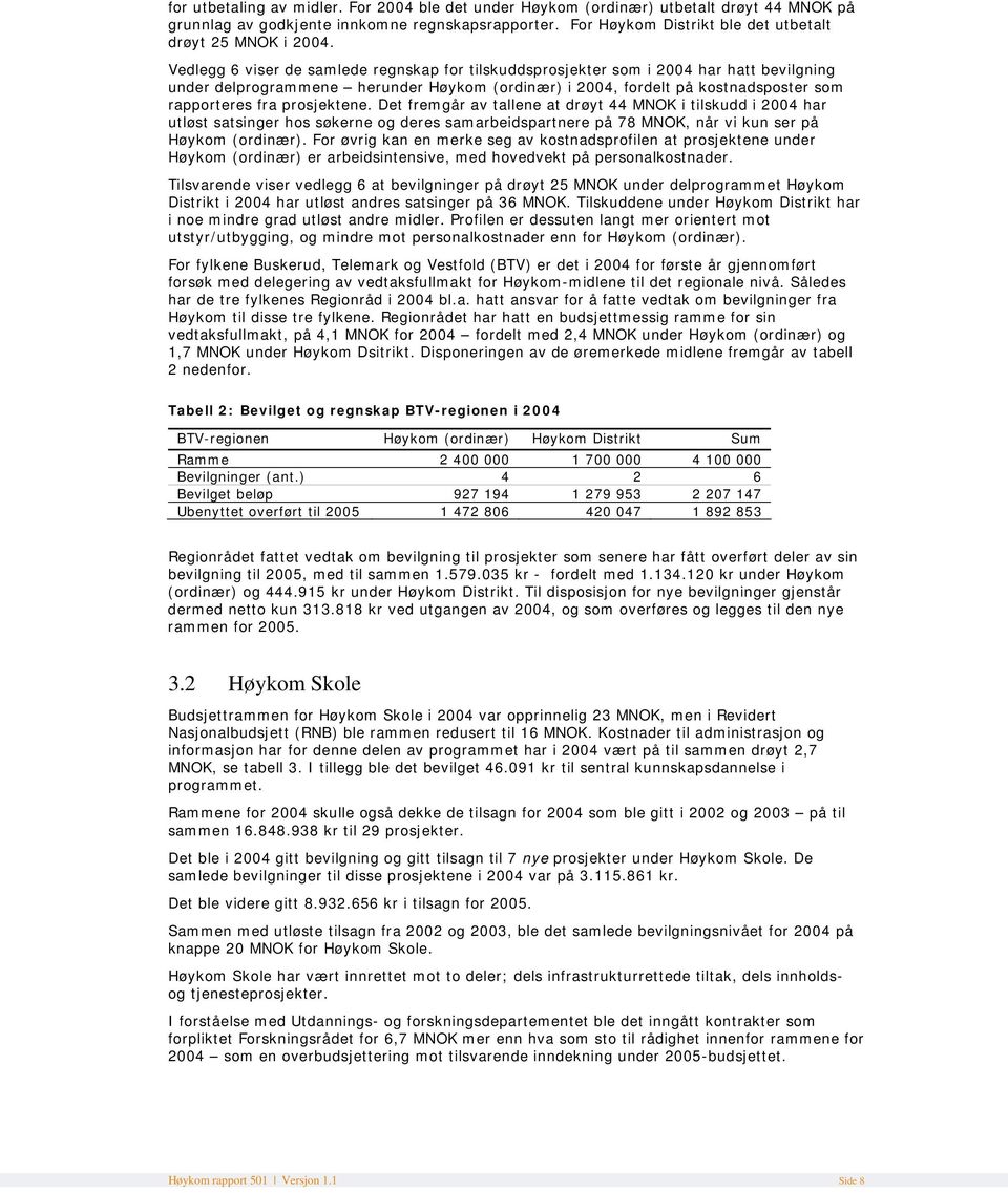 Vedlegg 6 viser de samlede regnskap for tilskuddsprosjekter som i 2004 har hatt bevilgning under delprogrammene herunder Høykom (ordinær) i 2004, fordelt på kostnadsposter som rapporteres fra