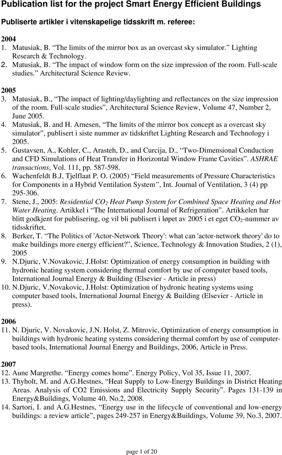 Architectural Science Review. 2005 3. Matusiak, B., The impact of lighting/daylighting and reflectances on the size impression of the room.