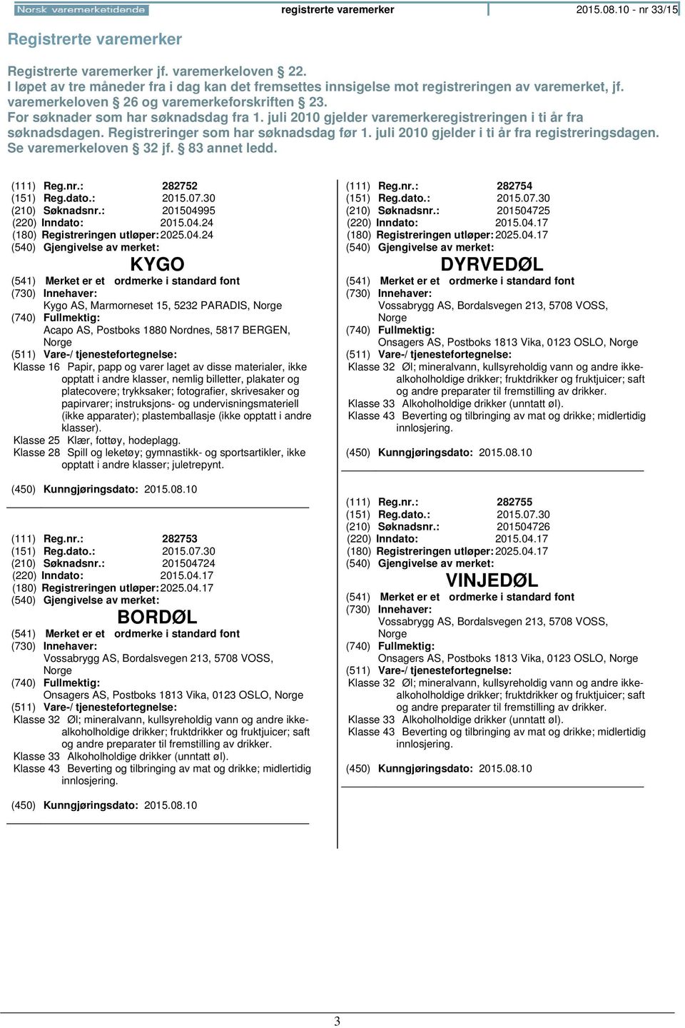 juli 2010 gjelder varemerkeregistreringen i ti år fra søknadsdagen. Registreringer som har søknadsdag før 1. juli 2010 gjelder i ti år fra registreringsdagen. Se varemerkeloven 32 jf. 83 annet ledd.