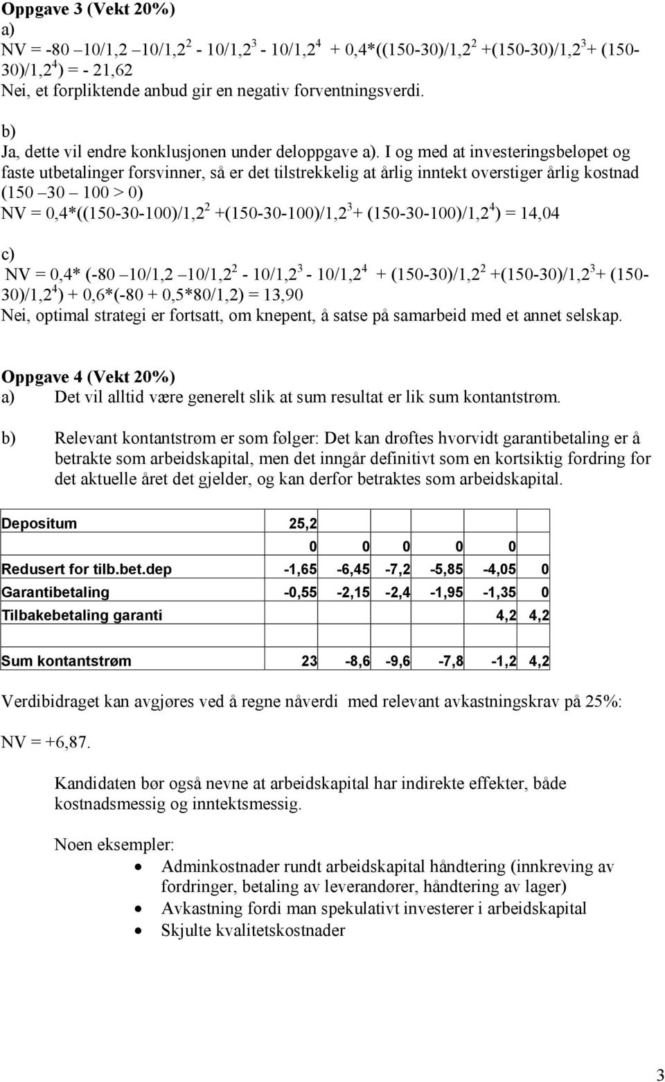 I og med at investeringsbeløpet og faste utbetalinger forsvinner, så er det tilstrekkelig at årlig inntekt overstiger årlig kostnad (150 30 100 > 0) NV = 0,4*((150-30-100)/1,2 2 +(150-30-100)/1,2 3 +