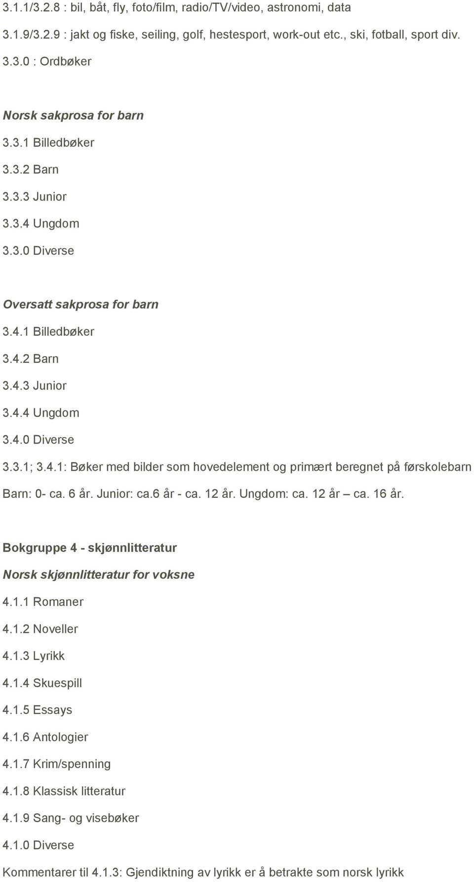 6 år. Junior: ca.6 år - ca. 12 år. Ungdom: ca. 12 år ca. 16 år. Bokgruppe 4 - skjønnlitteratur Norsk skjønnlitteratur for voksne 4.1.1 Romaner 4.1.2 Noveller 4.1.3 Lyrikk 4.1.4 Skuespill 4.1.5 Essays 4.