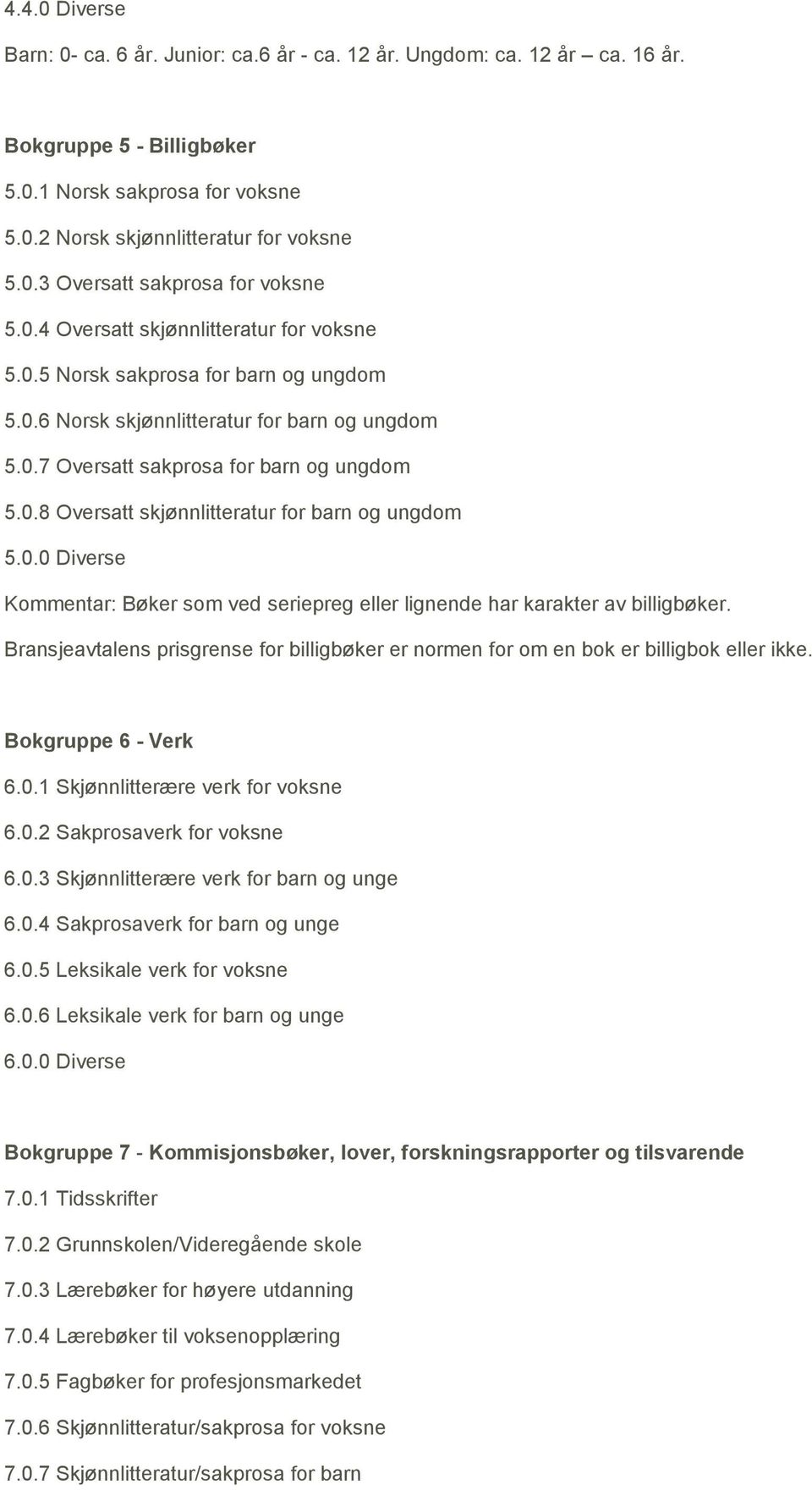 0.0 Diverse Kommentar: Bøker som ved seriepreg eller lignende har karakter av billigbøker. Bransjeavtalens prisgrense for billigbøker er normen for om en bok er billigbok eller ikke.