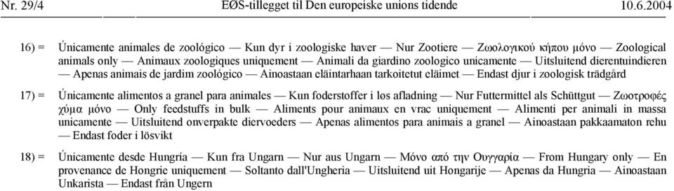 unicamente Uitsluitend dierentuindieren Apenas animais de jardim zoológico Ainoastaan eläintarhaan tarkoitetut eläimet Endast djur i zoologisk trädgård 17) = Únicamente alimentos a granel para