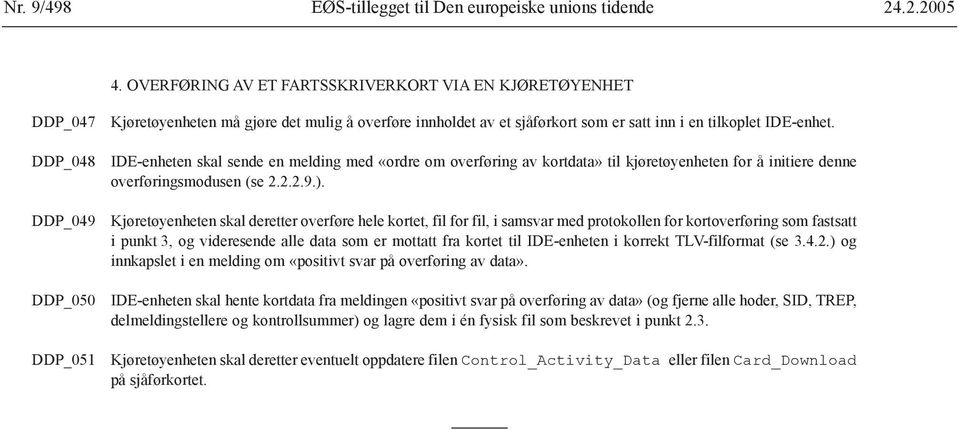 DDP_048 IDE-enheten skal sende en melding med «ordre om overføring av kortdata» til kjøretøyenheten for å initiere denne overføringsmodusen (se 2.2.2.9.).