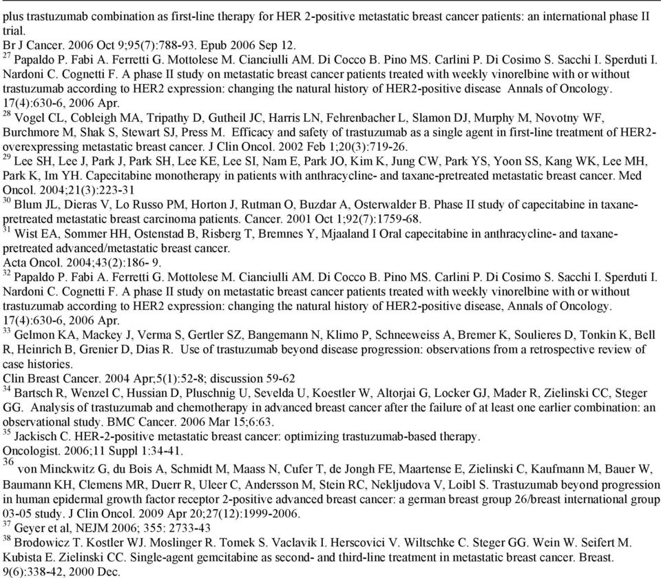 A phase II study on metastatic breast cancer patients treated with weekly vinorelbine with or without trastuzumab according to HER2 expression: changing the natural history of HER2-positive disease