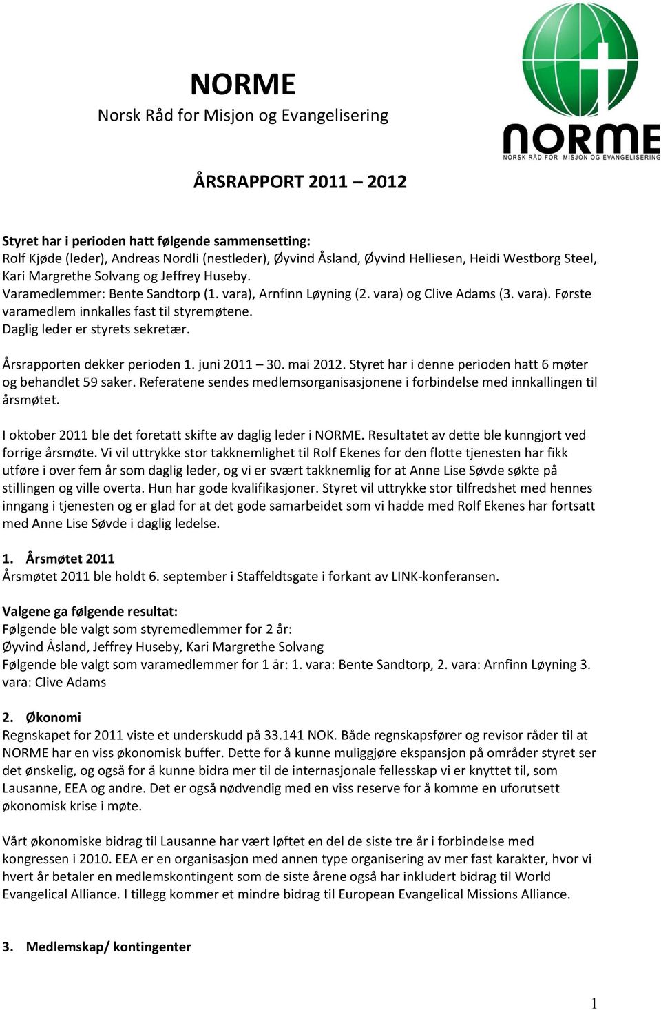 Daglig leder er styrets sekretær. Årsrapprten dekker periden 1. juni 2011 30. mai 2012. Styret har i denne periden hatt 6 møter g behandlet 59 saker.