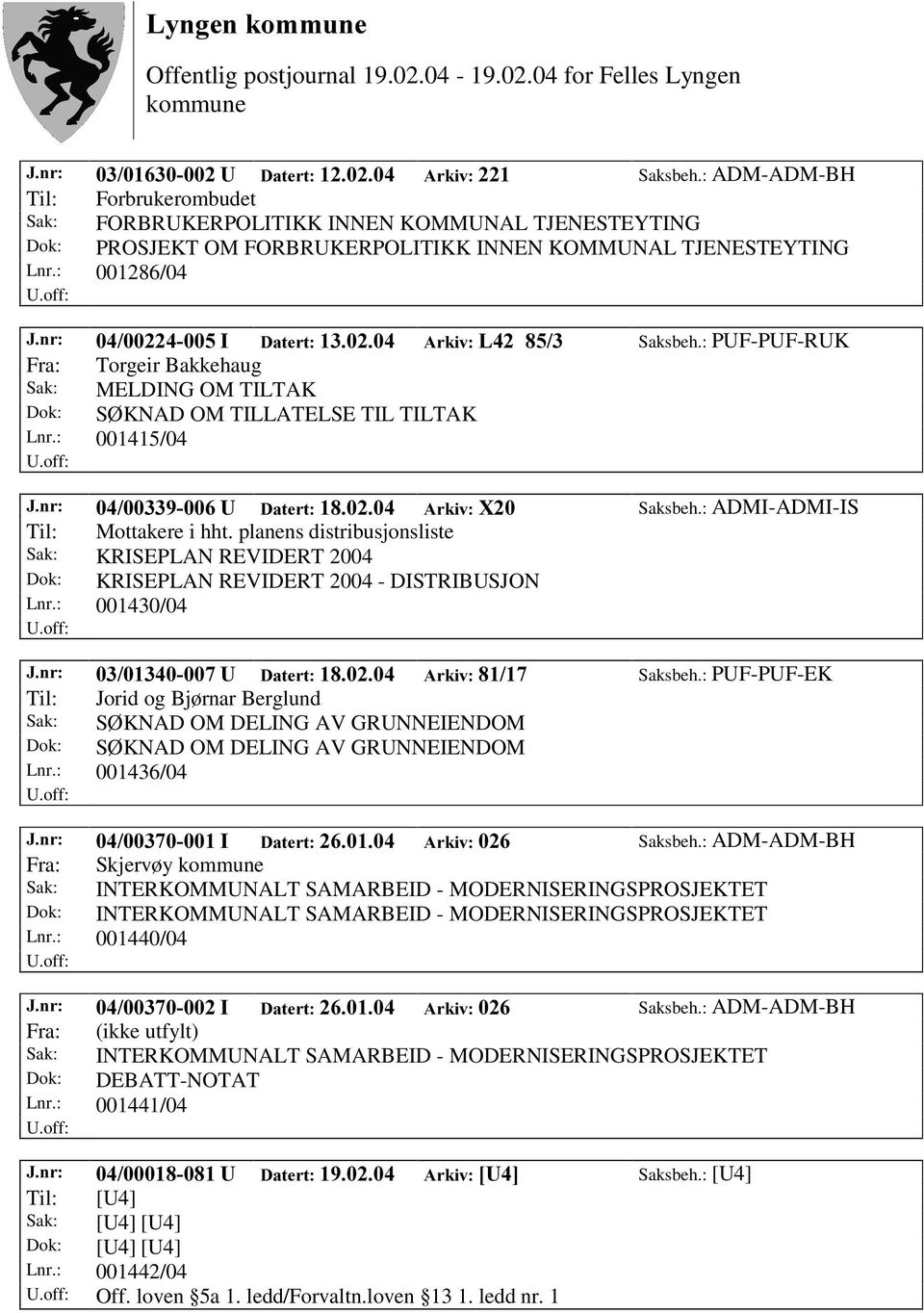 : ADMI-ADMI-IS Til: Mottakere i hht. planens distribusjonsliste Sak: KRISEPLAN REVIDERT 2004 Dok: KRISEPLAN REVIDERT 2004 - DISTRIBUSJON Lnr.: 001430/04 -QU 8 'DWHUW $UNLY Saksbeh.