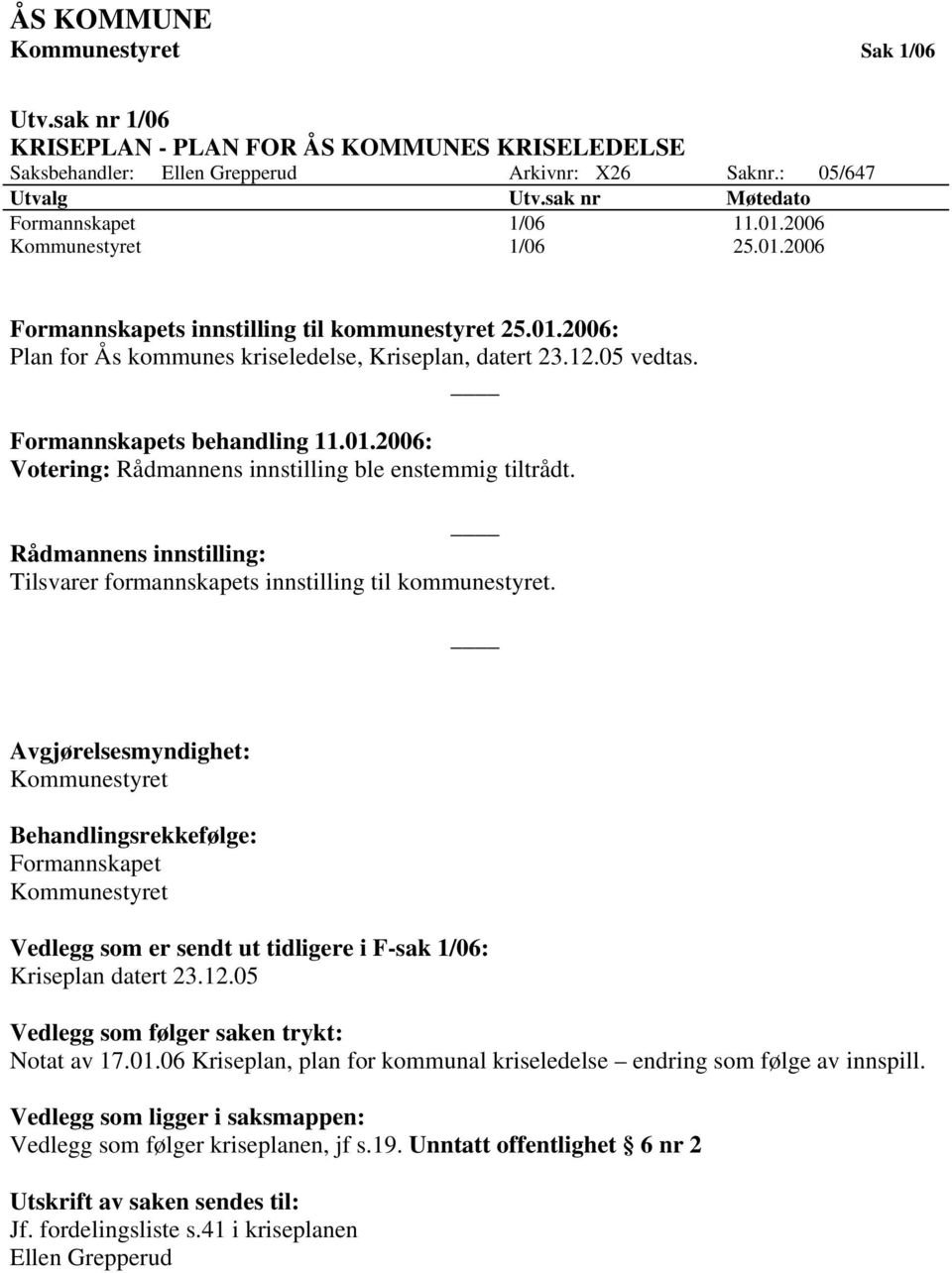 05 vedtas. Formannskapets behandling 11.01.2006: Votering: Rådmannens innstilling ble enstemmig tiltrådt. Rådmannens innstilling: Tilsvarer formannskapets innstilling til kommunestyret.