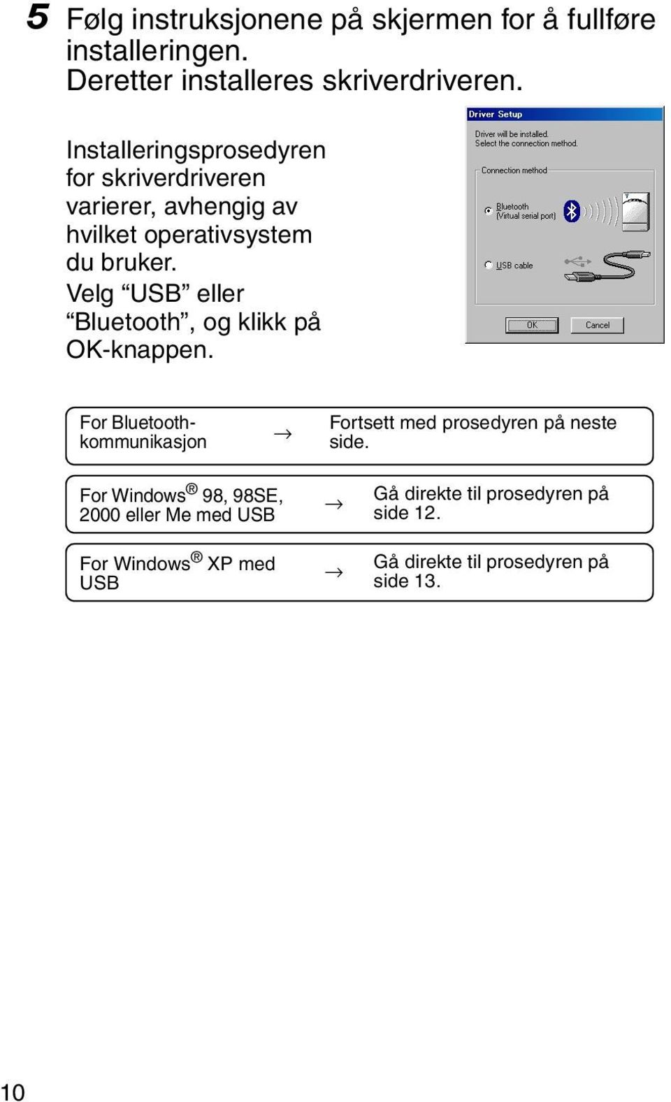 Velg USB eller Bluetooth, og klikk på OK-knappen. For Bluetoothkommunikasjon Fortsett med prosedyren på neste side.