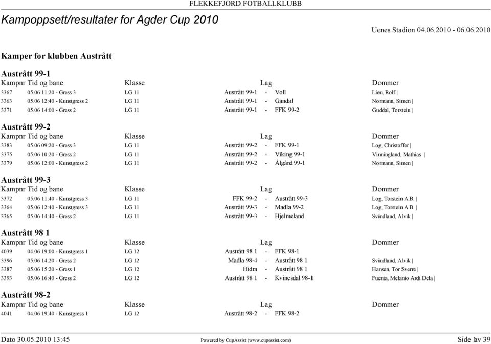 06 09:20 - Gress 3 LG 11 Austrått 99-2 - FFK 99-1 Log, Christoffer 3375 05.06 10:20 - Gress 2 LG 11 Austrått 99-2 - Viking 99-1 Vinningland, Mathias 3379 05.
