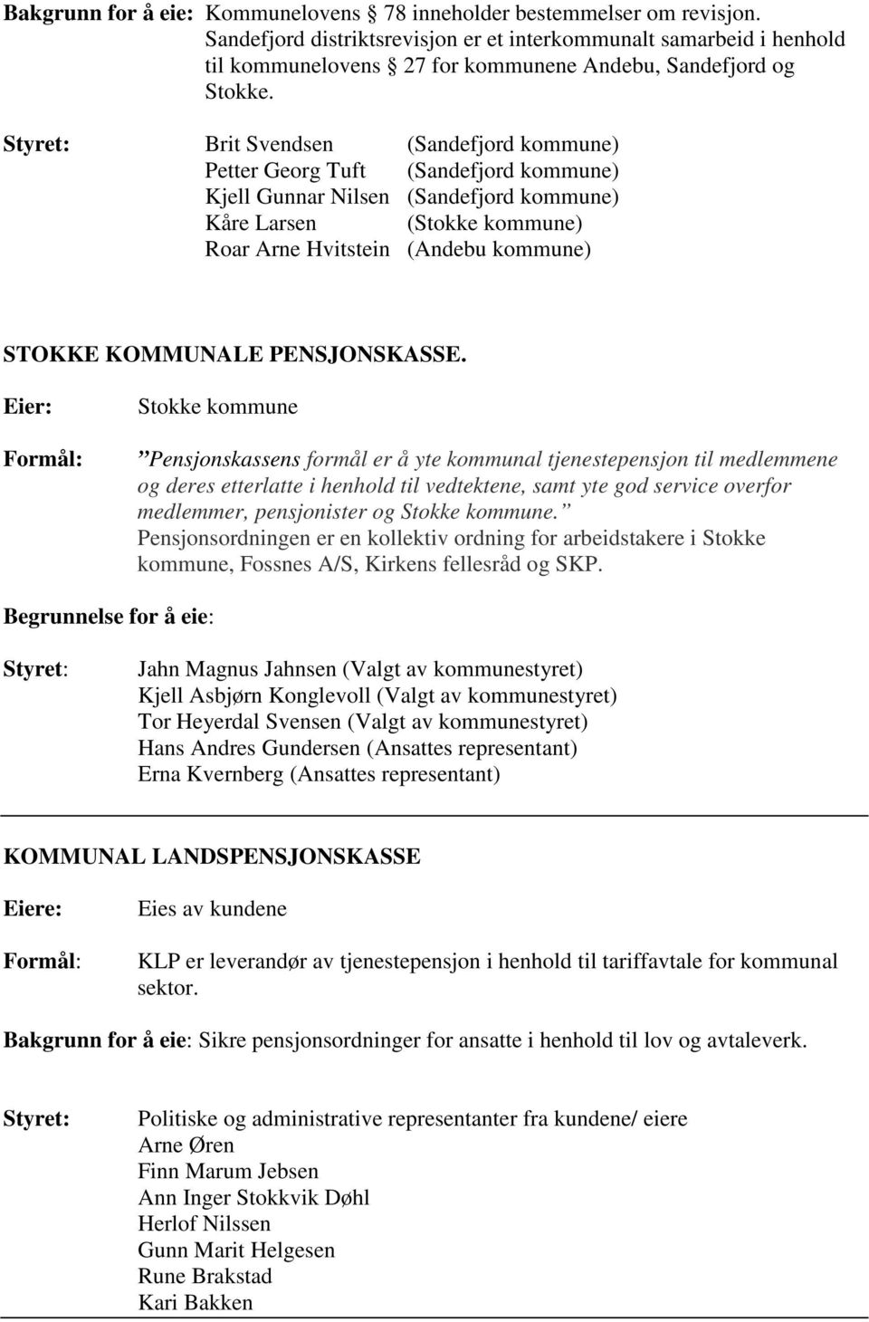 Styret: Brit Svendsen (Sandefjord kommune) Petter Georg Tuft (Sandefjord kommune) Kjell Gunnar Nilsen (Sandefjord kommune) Kåre Larsen (Stokke kommune) Roar Arne Hvitstein (Andebu kommune) STOKKE