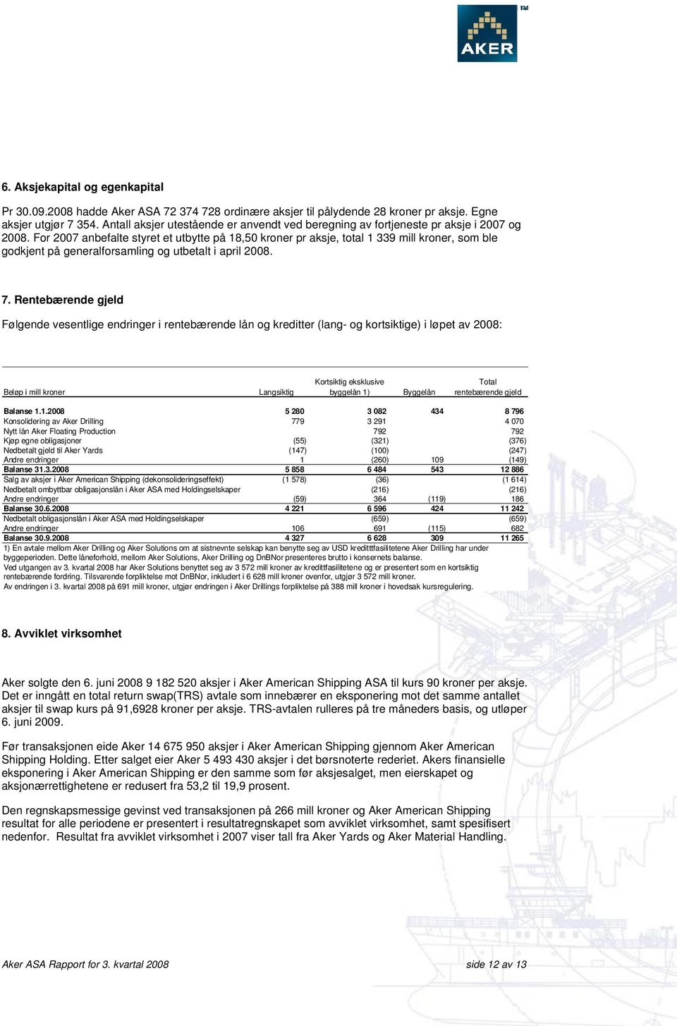 For 2007 anbefalte styret et utbytte på 18,50 kroner pr aksje, total 1 339 mill kroner, som ble godkjent på generalforsamling og utbetalt i april 2008. 7.