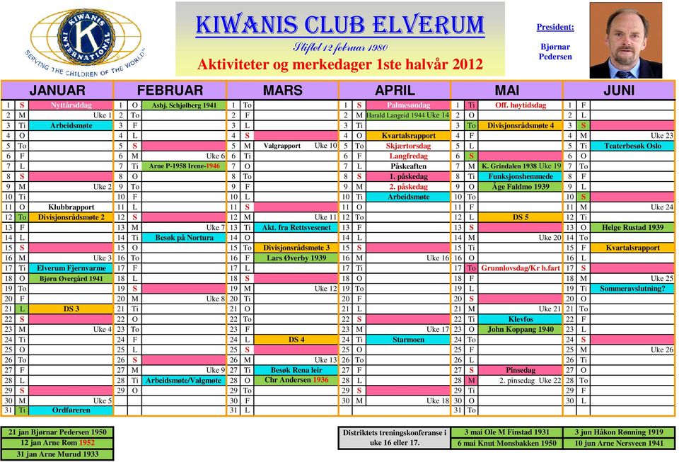 høytidsdag 1 F 2 M Uke 1 2 To 2 F 2 M Harald Langeid 1944 Uke 14 2 O 2 L 3 Ti Arbeidsmøte 3 F 3 L 3 Ti 3 To Divisjonsrådsmøte 4 3 S 4 O 4 L 4 S 4 O Kvartalsrapport 4 F 4 M Uke 23 5 To 5 S 5 M