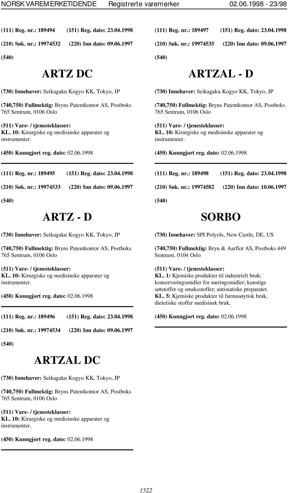 nr.: 189495 (151) Reg. dato: 23.04.1998 (210) Søk. nr.: 19974533 (220) Inn dato: 09.06.1997 (111) Reg. nr.: 189498 (151) Reg. dato: 23.04.1998 (210) Søk. nr.: 19974582 (220) Inn dato: 10.06.1997 ARTZ - D SORBO (730) Innehaver: Seikagaku Kogyo KK, Tokyo, JP KL.