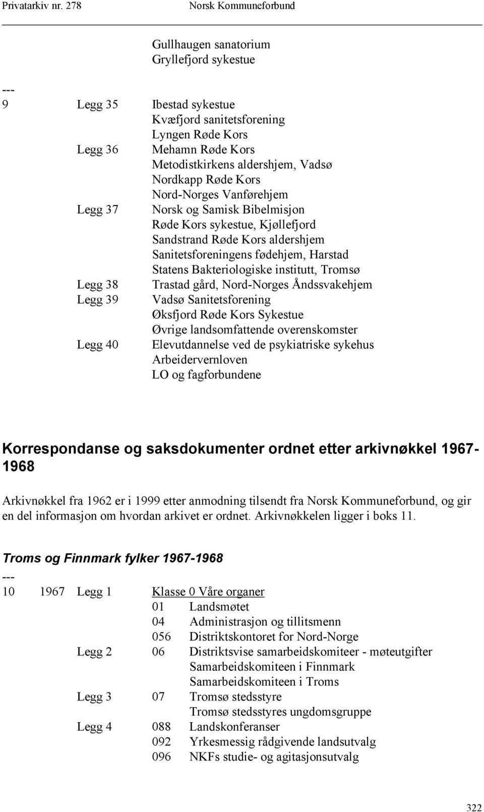 Tromsø Legg 38 Legg 39 Legg 40 Trastad gård, Nord-Norges Åndssvakehjem Vadsø Sanitetsforening Øksfjord Røde Kors Sykestue Øvrige landsomfattende overenskomster Elevutdannelse ved de psykiatriske