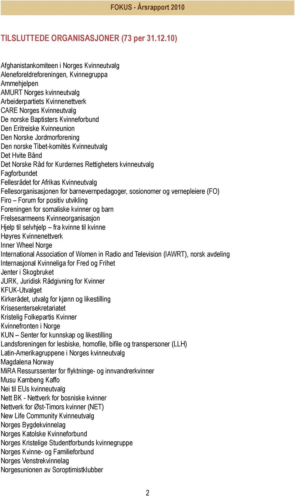 Kvinneforbund Den Eritreiske Kvinneunion Den Norske Jordmorforening Den norske Tibet-komités Kvinneutvalg Det Hvite Bånd Det Norske Råd for Kurdernes Rettigheters kvinneutvalg Fagforbundet