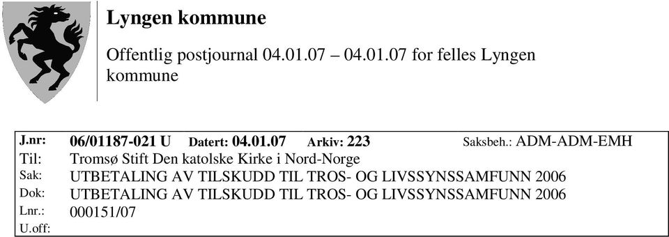 : ADM-ADM-EMH Til: Tromsø Stift