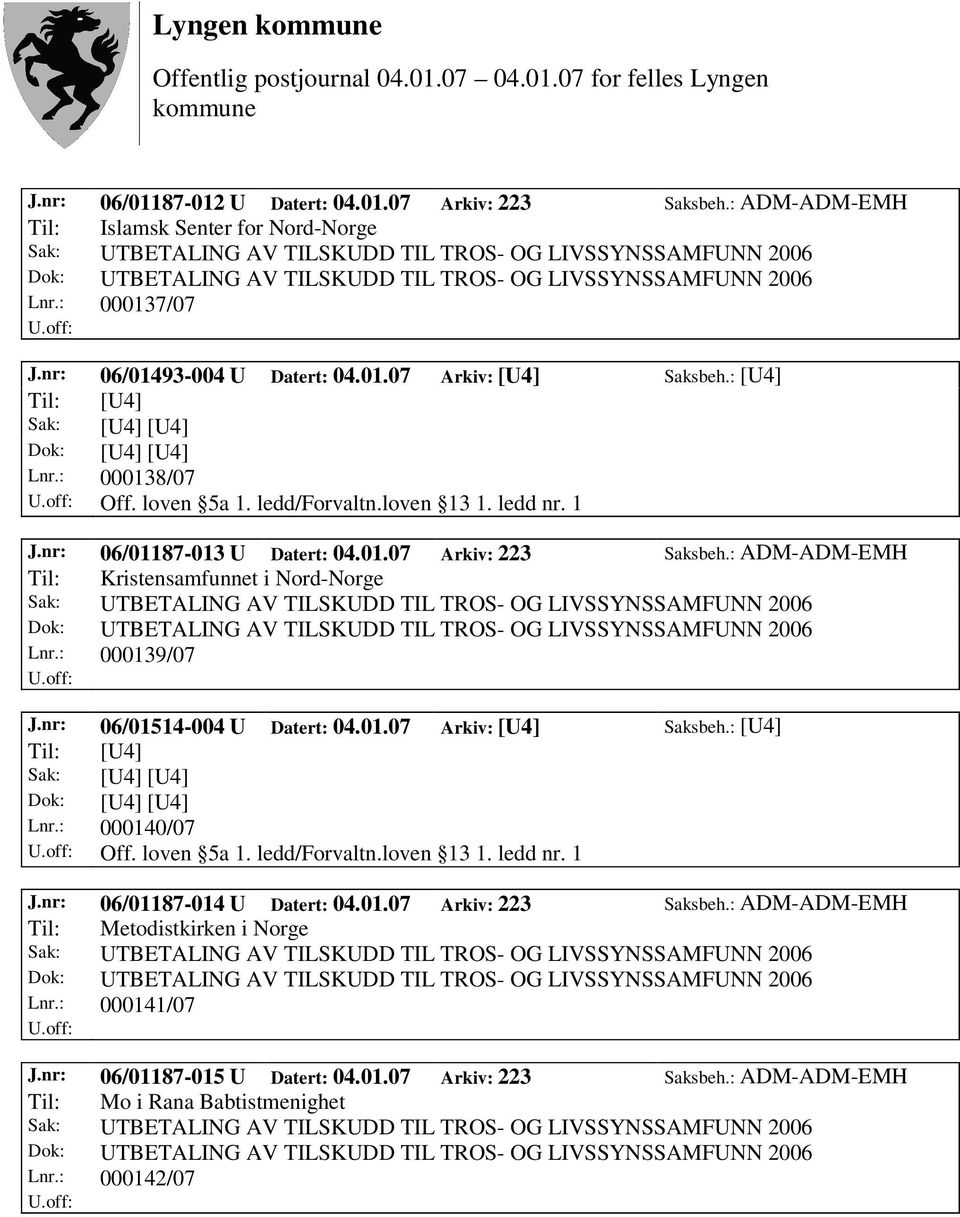 : ADM-ADM-EMH Til: Kristensamfunnet i Nord-Norge Lnr.: 000139/07 J.nr: 06/01514-004 U Datert: 04.01.07 Arkiv: [U4] Saksbeh.: [U4] Til: [U4] Lnr.: 000140/07 Off. loven 5a 1. ledd/forvaltn.