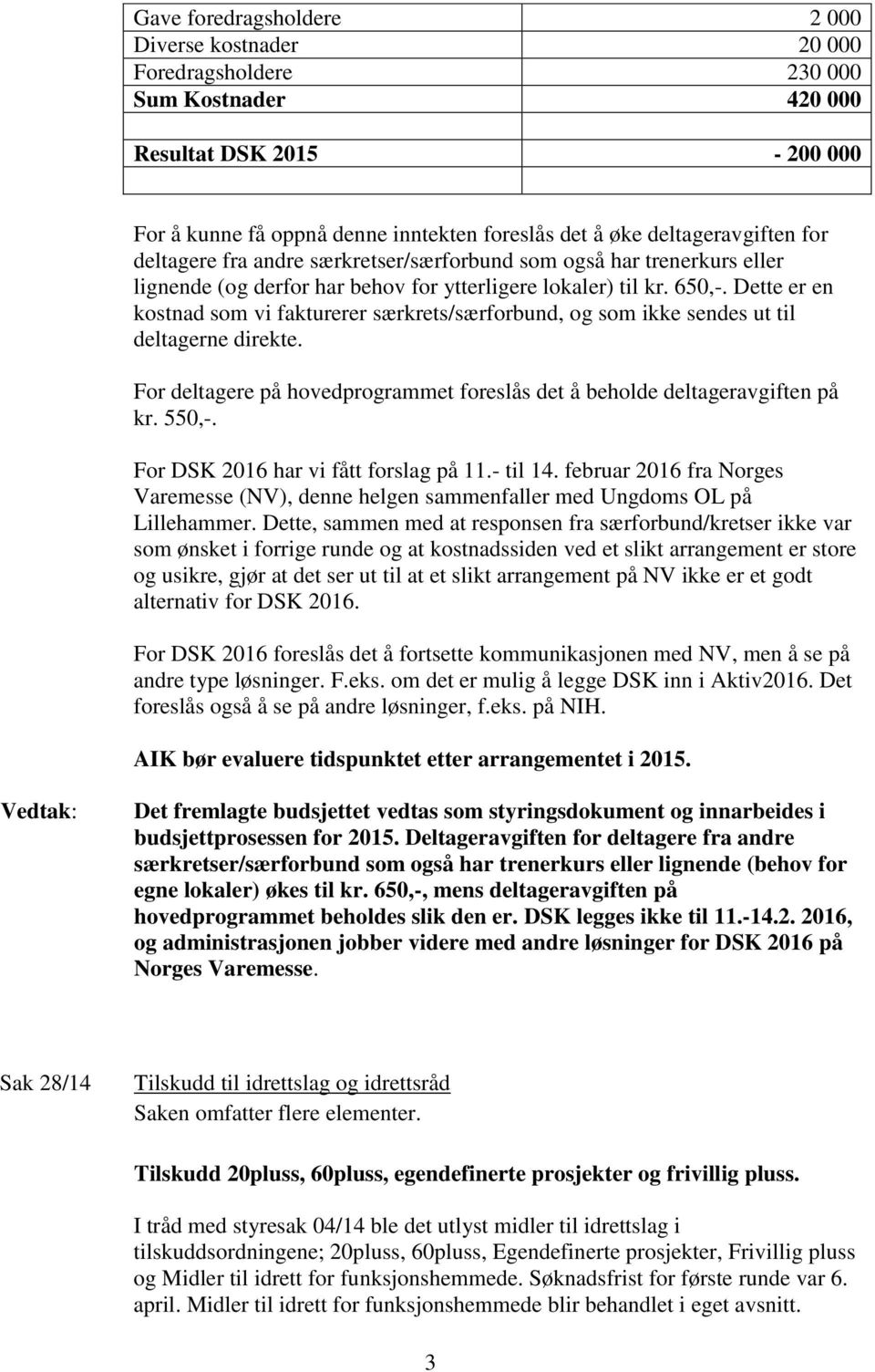 Dette er en kostnad som vi fakturerer særkrets/særforbund, og som ikke sendes ut til deltagerne direkte. For deltagere på hovedprogrammet foreslås det å beholde deltageravgiften på kr. 550,-.