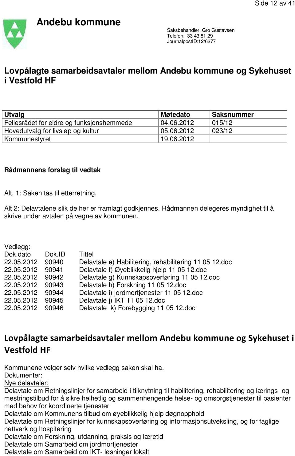 1: Saken tas til etterretning. Alt 2: Delavtalene slik de her er framlagt godkjennes. Rådmannen delegeres myndighet til å skrive under avtalen på vegne av kommunen. Vedlegg: Dok.dato Dok.ID Tittel 22.