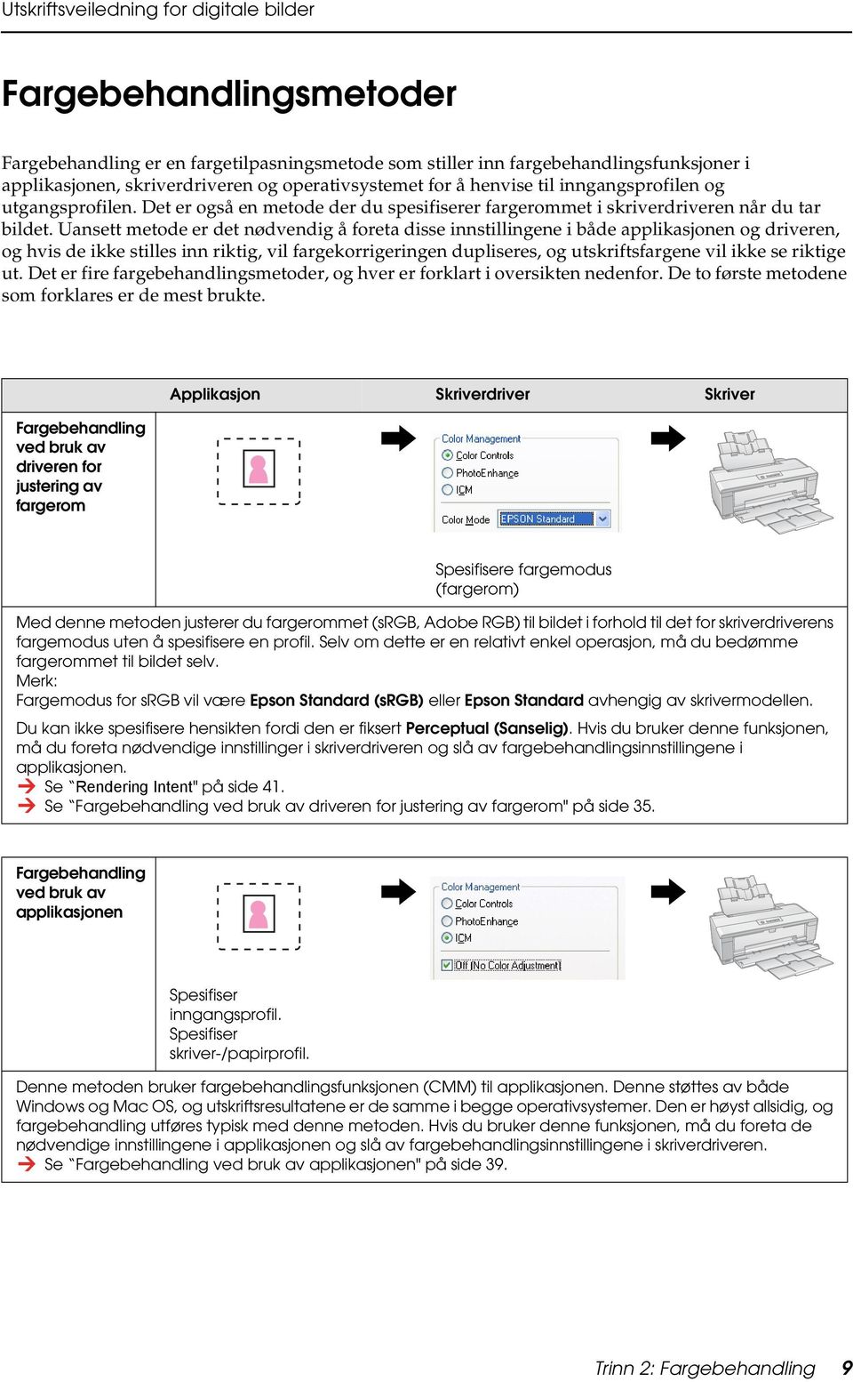 Uansett metode er det nødvendig å foreta disse innstillingene i både applikasjonen og driveren, og hvis de ikke stilles inn riktig, vil fargekorrigeringen dupliseres, og utskriftsfargene vil ikke se
