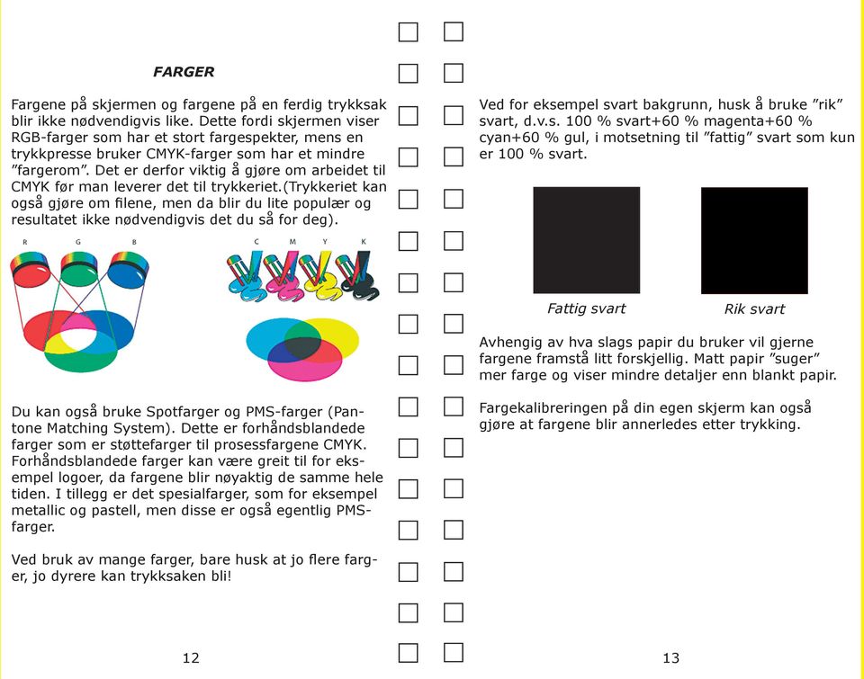 Det er derfor viktig å gjøre om arbeidet til CMYK før man leverer det til trykkeriet.