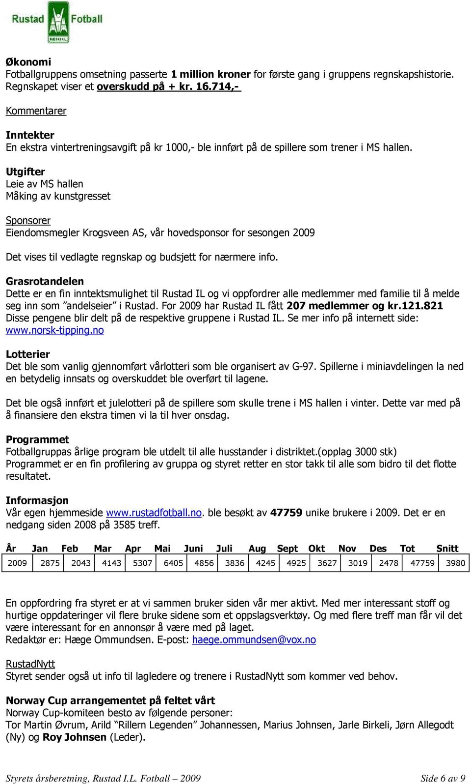 Utgifter Leie av MS hallen Måking av kunstgresset Sponsorer Eiendomsmegler Krogsveen AS, vår hovedsponsor for sesongen 2009 Det vises til vedlagte regnskap og budsjett for nærmere info.