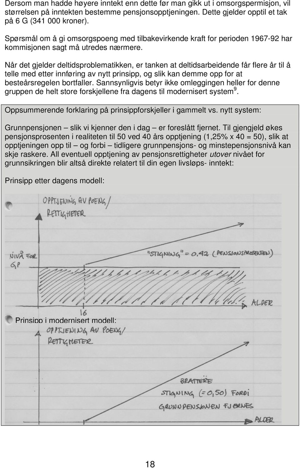 Når det gjelder deltidsproblematikken, er tanken at deltidsarbeidende får flere år til å telle med etter innføring av nytt prinsipp, og slik kan demme opp for at besteårsregelen bortfaller.