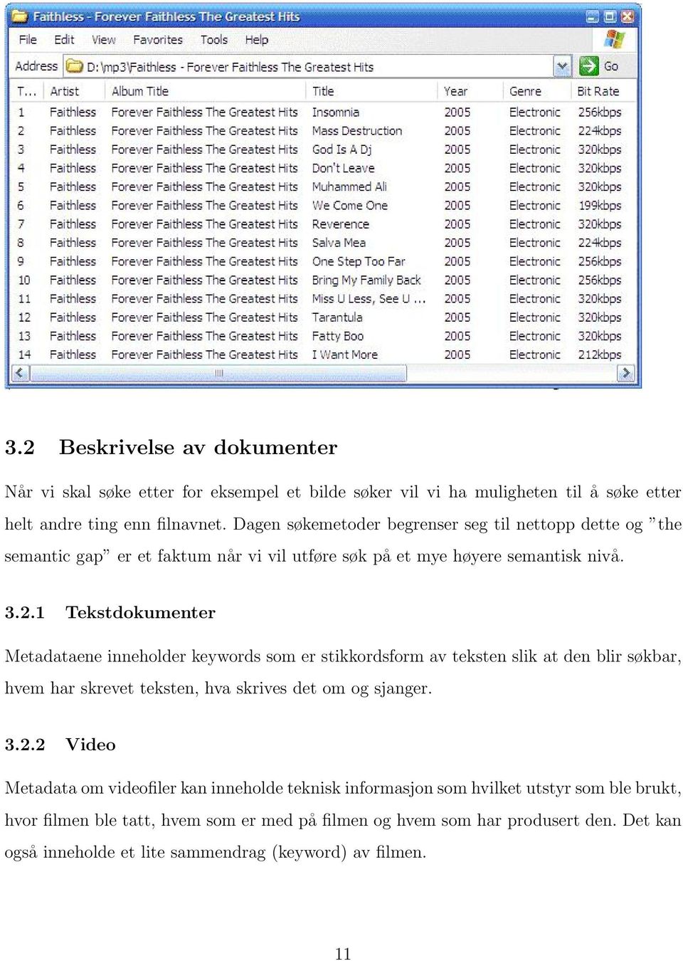 1 Tekstdokumenter Metadataene inneholder keywords som er stikkordsform av teksten slik at den blir søkbar, hvem har skrevet teksten, hva skrives det om og sjanger. 3.2.