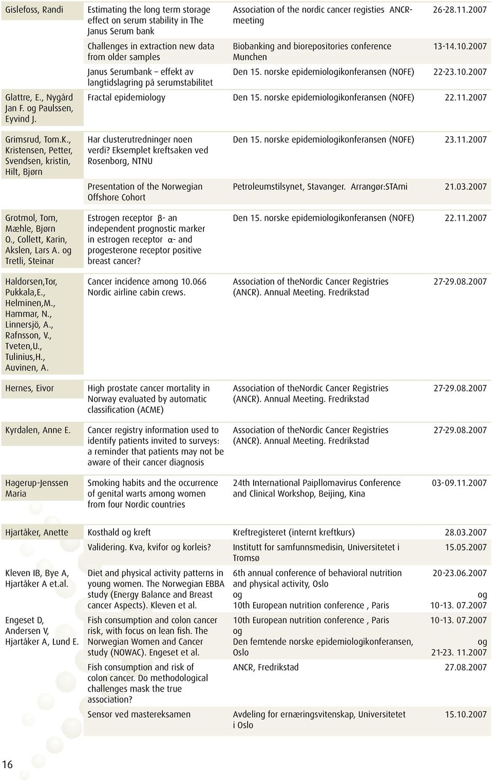 Association of the nordic cancer registies ANCRmeeting Biobanking and biorepositories conference Munchen 26-28.11.2007 13-14.10.2007 Den 15. norske epidemiologikonferansen (NOFE) 22-23.10.2007 Fractal epidemiology Den 15.