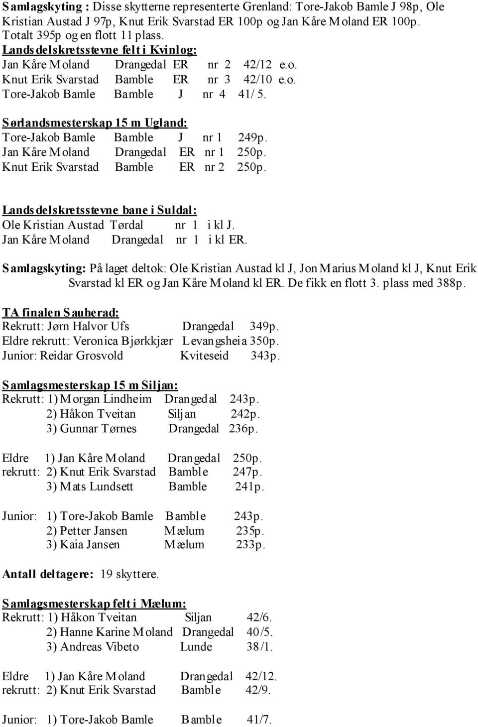 Sørlandsmesterskap 15 m Ugland: Tore-Jakob Bamle Bamble J nr 1 249p. Jan Kåre Moland Drangedal ER nr 1 250p. Knut Erik Svarstad Bamble ER nr 2 250p.