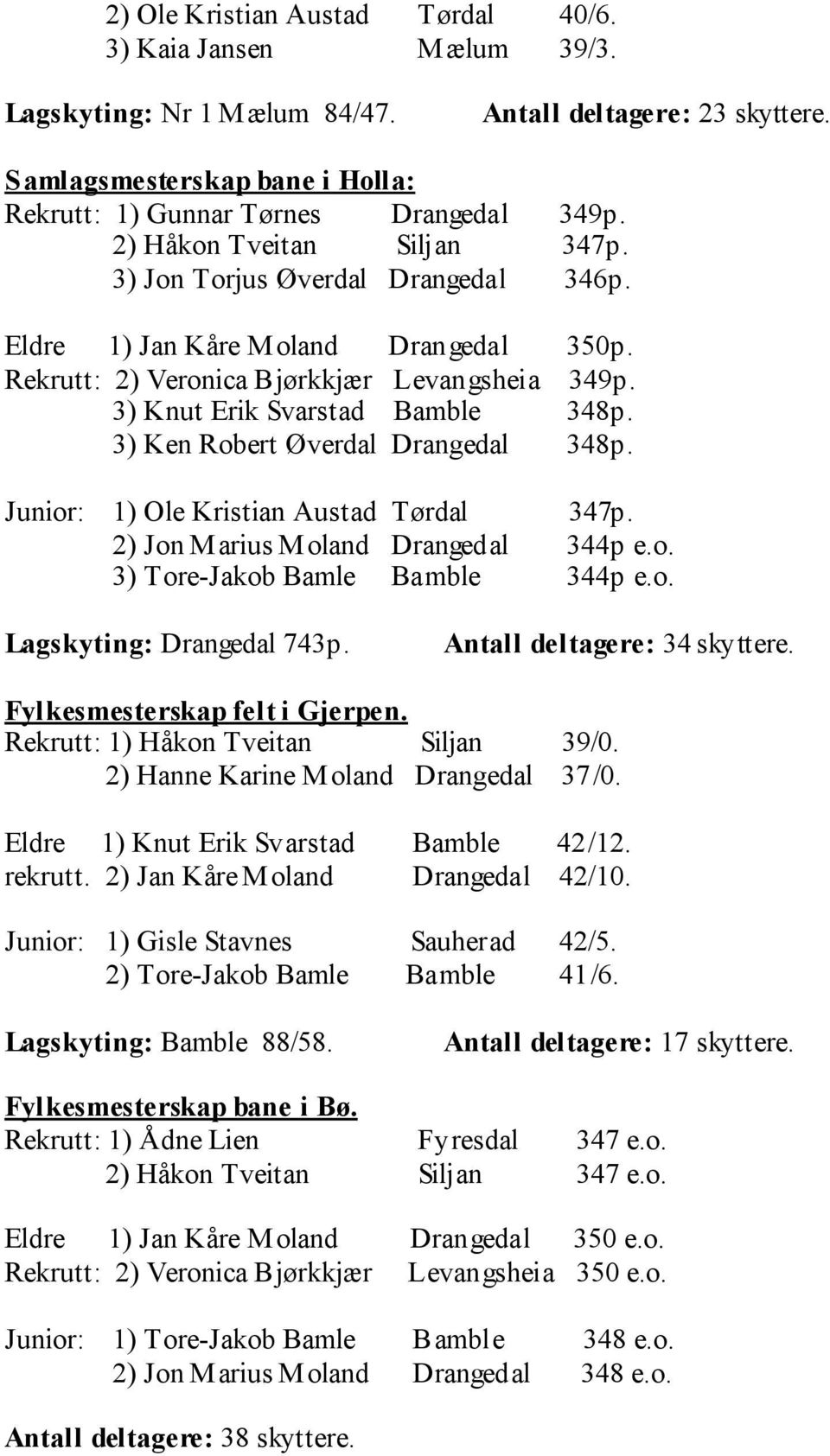 3) Ken Robert Øverdal Drangedal 348p. Junior: 1) Ole Kristian Austad Tørdal 347p. 2) Jon Marius Moland Drangedal 344p e.o. 3) Tore-Jakob Bamle Bamble 344p e.o. Lagskyting: Drangedal 743p.