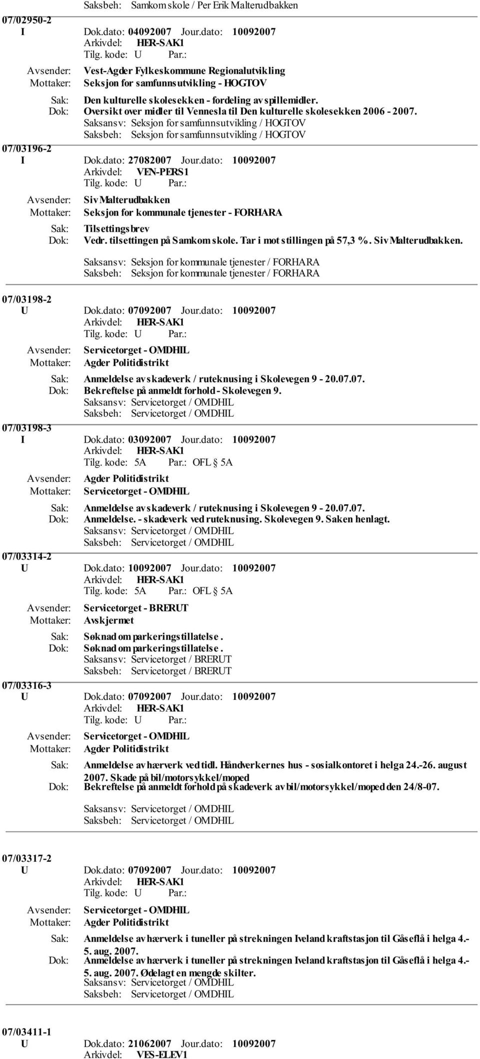 dato: 27082007 Jour.dato: Arkivdel: VEN-PERS1 Siv Malterudbakken Seksjon for kommunale tjenester - FORHARA Tilsettingsbrev Vedr. tilsettingen på Samkom skole. Tar i mot stillingen på 57,3 %.