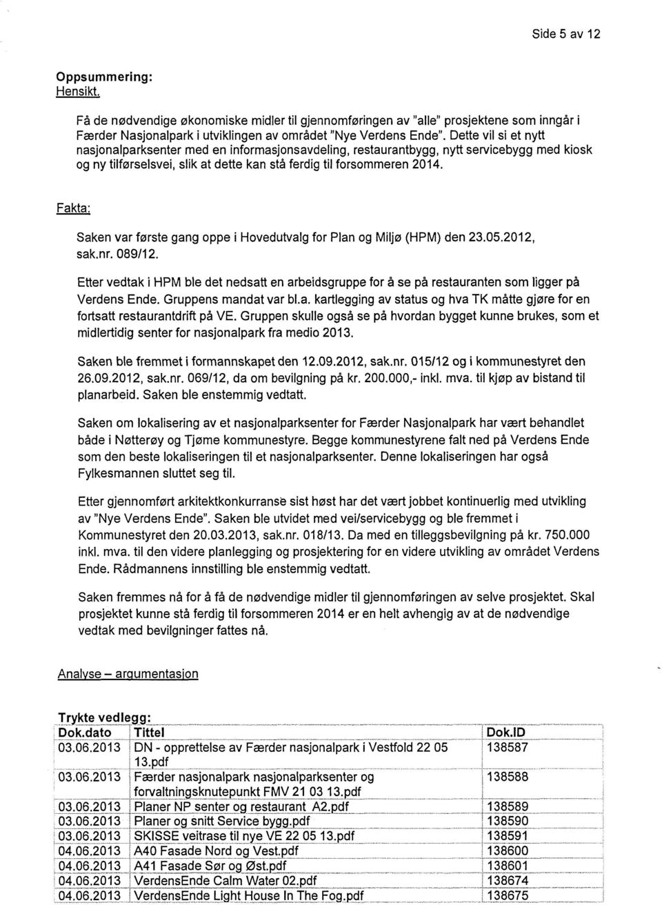 Fakta: Saken var første gang oppe i Hovedutvalg for Plan og Miljø (HPM) den 23.05.2012, sak.nr. 089/12.