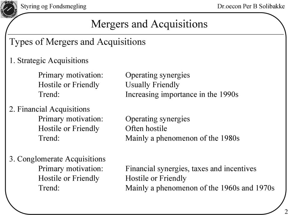 Financial Acquisitions Primary motivation: Hostile or Friendly Trend: 3.