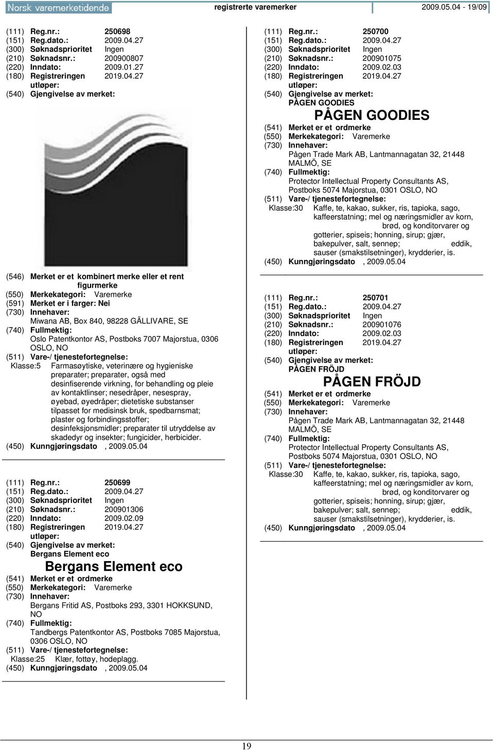 27 (210) Søknadsnr.: 200900807 (220) Inndato: 2009.01.27 (180) Registreringen 2019.04.