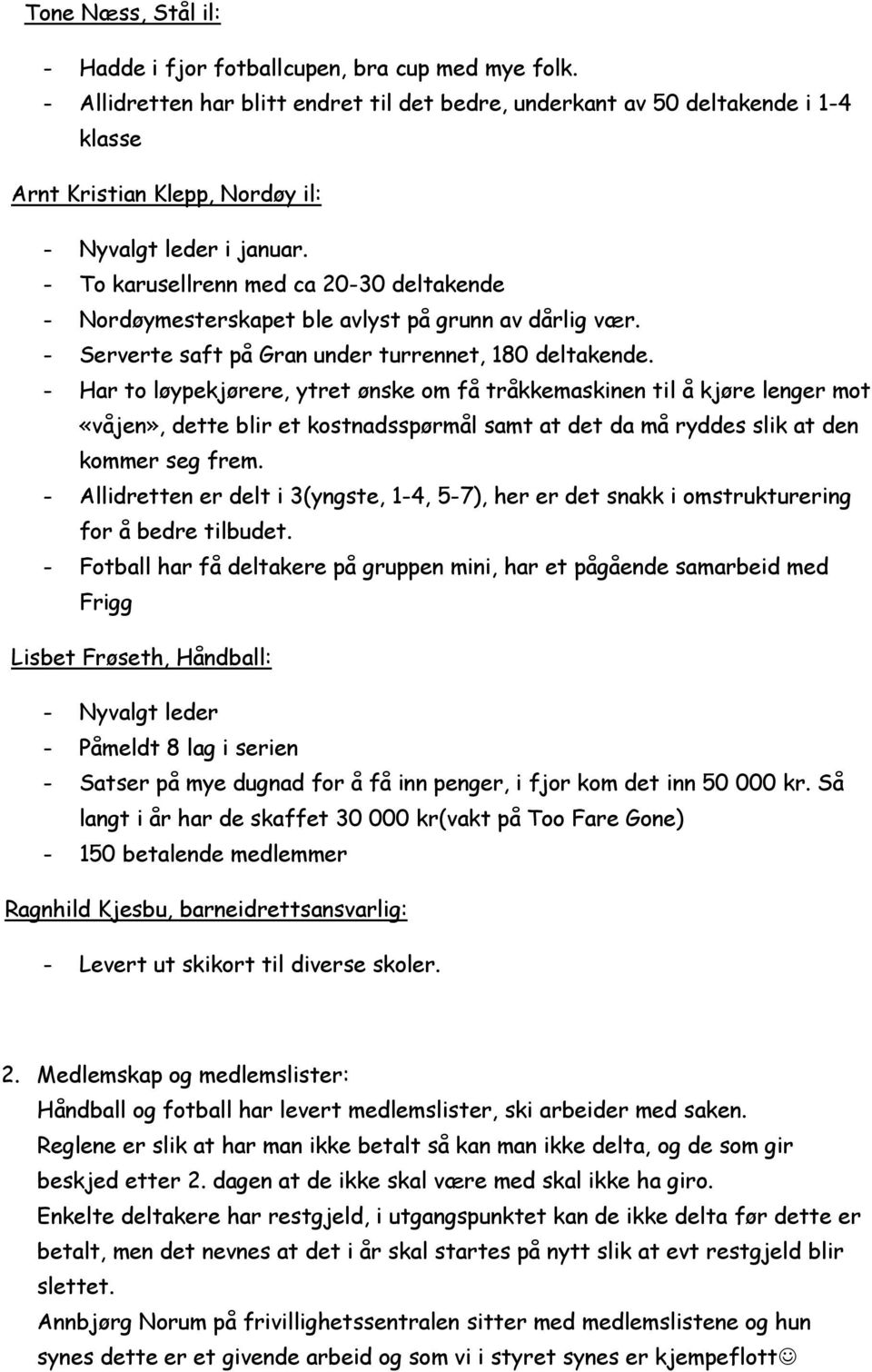 - To karusellrenn med ca 20-30 deltakende - Nordøymesterskapet ble avlyst på grunn av dårlig vær. - Serverte saft på Gran under turrennet, 180 deltakende.