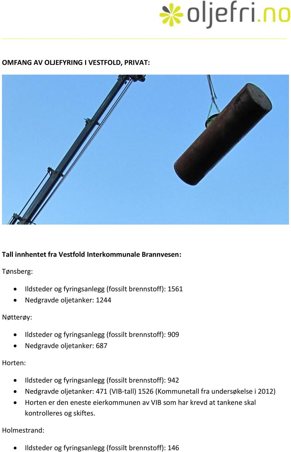 Ildsteder og fyringsanlegg (fossilt brennstoff): 942 Nedgravde oljetanker: 471 (VIB-tall) 1526 (Kommunetall fra undersøkelse i 2012)