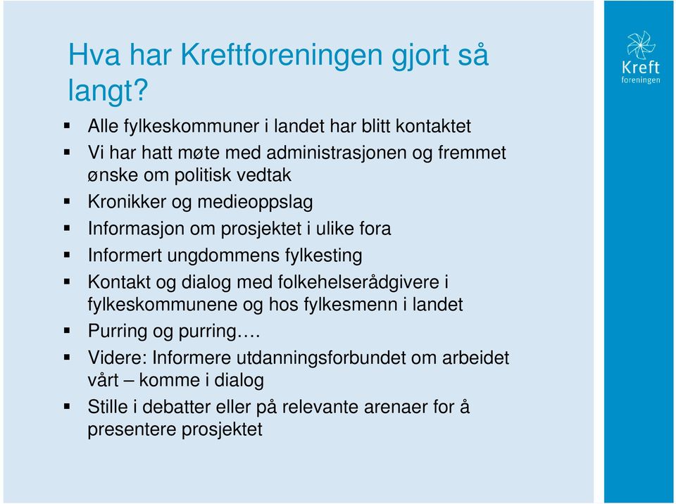 Kronikker og medieoppslag Informasjon om prosjektet i ulike fora Informert ungdommens fylkesting Kontakt og dialog med