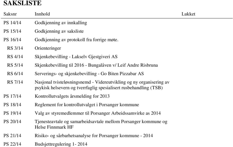 tvisteløsningsnemd - Videreutvikling og ny organisering av psykisk helsevern og tverrfaglig spesialisert rusbehandling (TSB) PS 17/14 Kontrollutvalgets årsmelding for 2013 PS 18/14 Reglement for