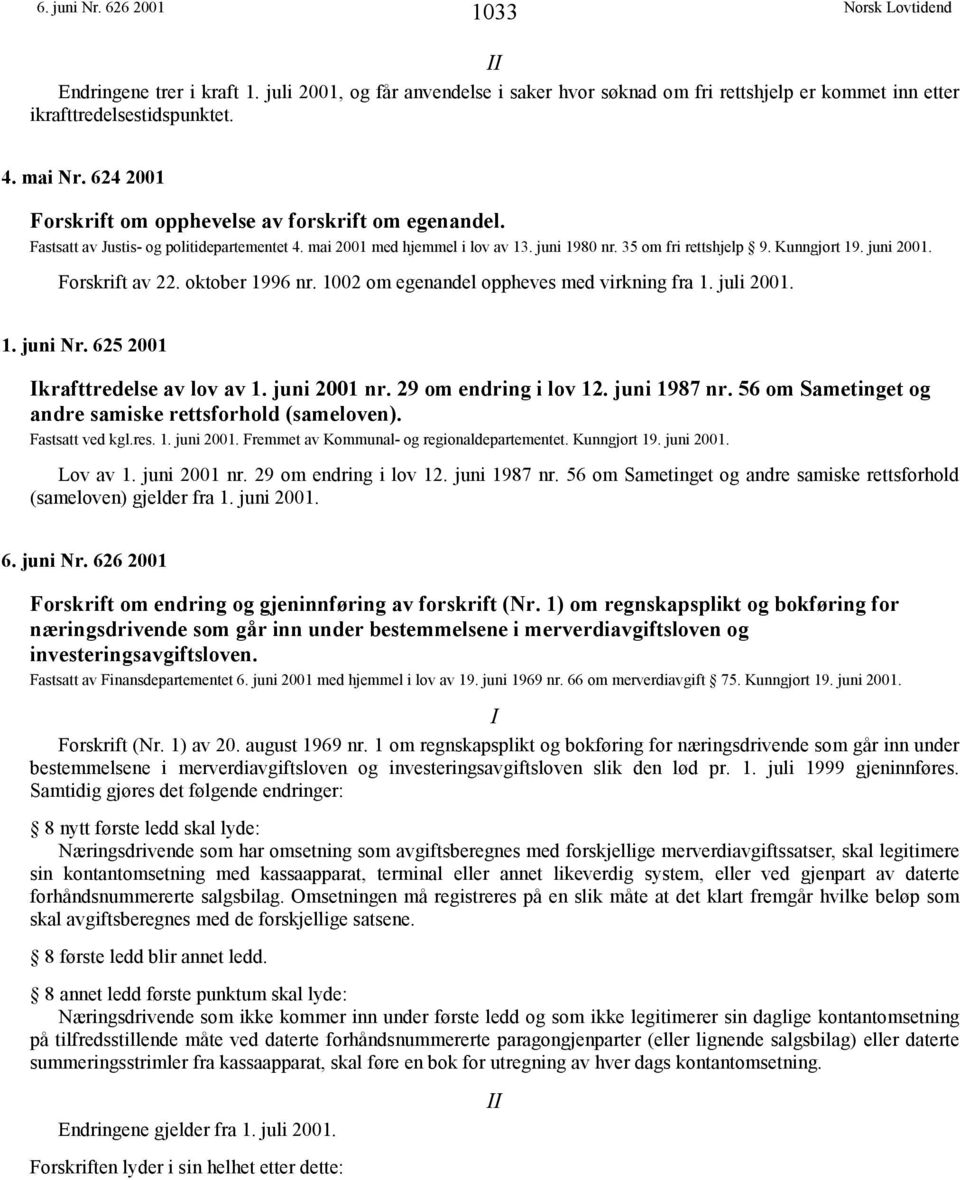 juni 2001. Forskrift av 22. oktober 1996 nr. 1002 om egenandel oppheves med virkning fra 1. juli 2001. 1. juni Nr. 625 2001 Ikrafttredelse av lov av 1. juni 2001 nr. 29 om endring i lov 12.