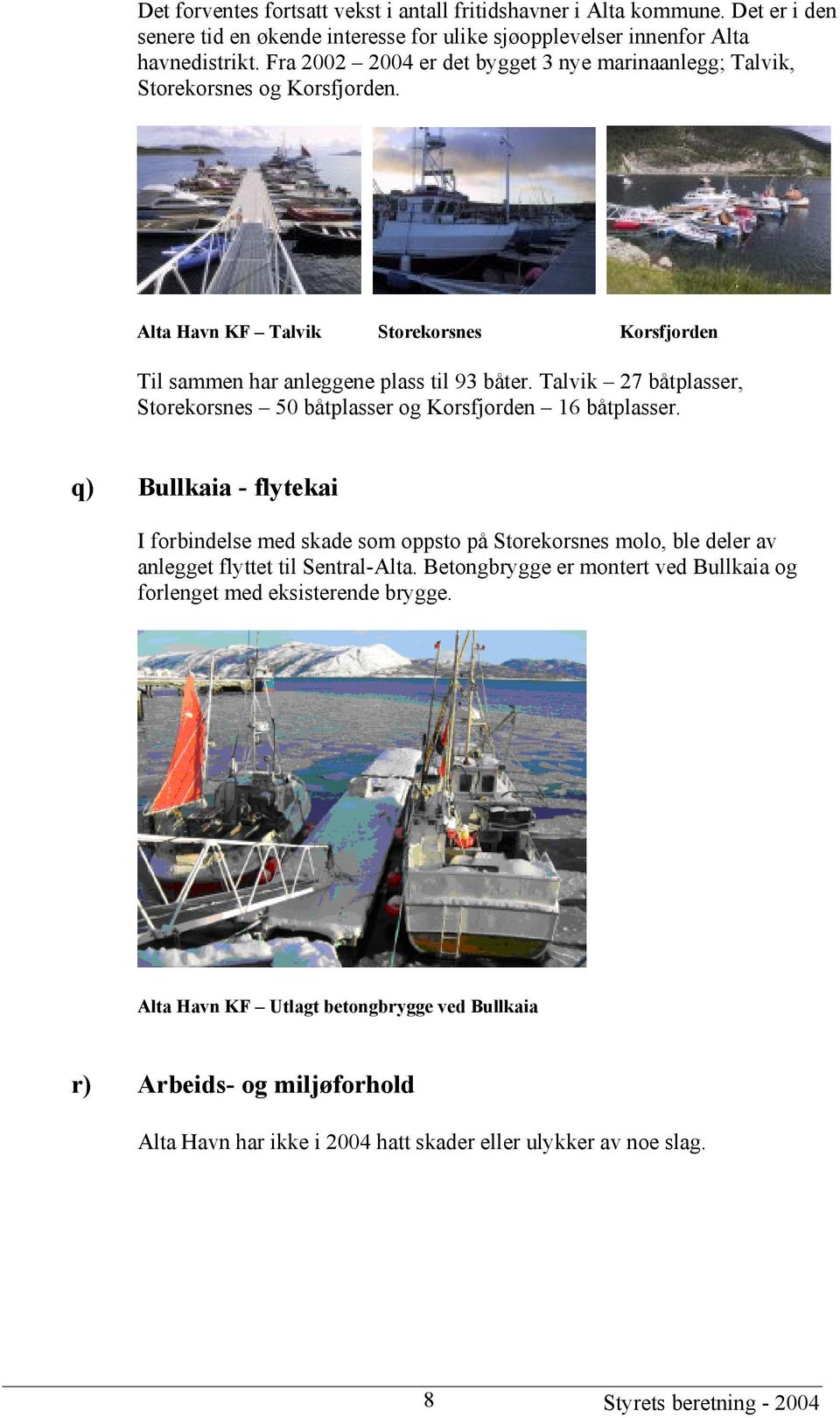 Talvik 27 båtplasser, Storekorsnes 50 båtplasser og Korsfjorden 16 båtplasser.
