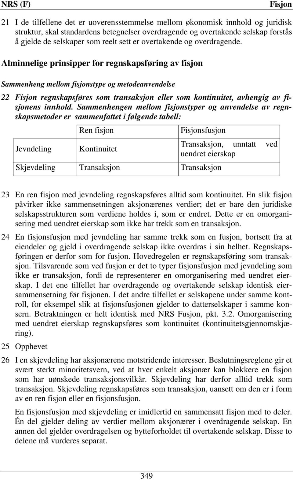 Alminnelige prinsipper for regnskapsføring av fisjon Sammenheng mellom fisjonstype og metodeanvendelse 22 regnskapsføres som transaksjon eller som kontinuitet, avhengig av fisjonens innhold.