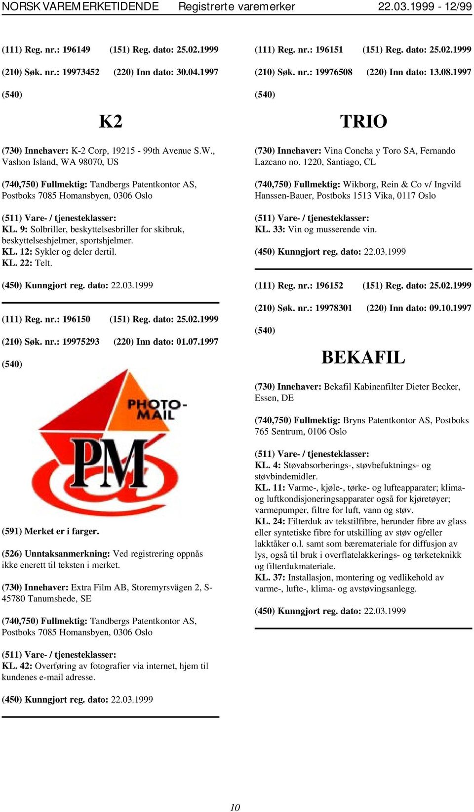 9: Solbriller, beskyttelsesbriller for skibruk, beskyttelseshjelmer, sportshjelmer. KL. 12: Sykler og deler dertil. KL. 22: Telt. (111) Reg. nr.: 196150 (151) Reg. dato: 25.02.1999 (210) Søk. nr.: 19975293 (220) Inn dato: 01.